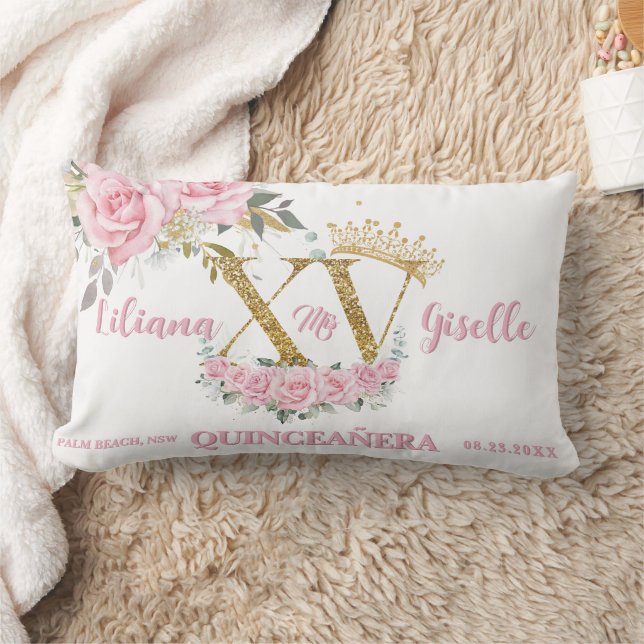 Pink Floral XV 15 Gold QUINCEAÑERA Quince Keepsake Lumbar Pillow (Blanket)