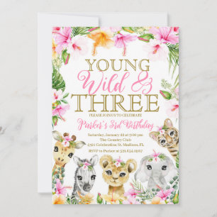 Pink Floral Your Wild & Three Jungle Birthday Girl Invitation