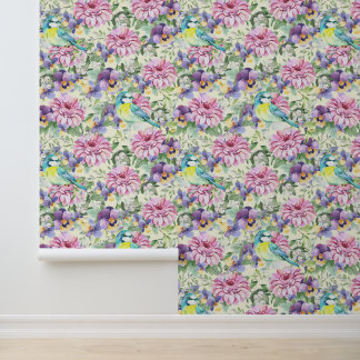 Pink Floral Zinnia Flowers Purple Pansies Birds Wallpaper