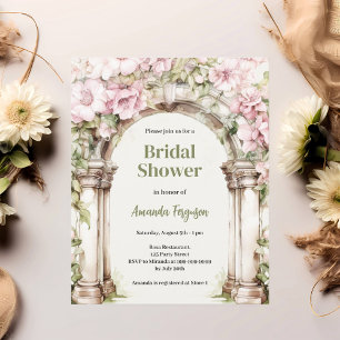 Pink florals arch beige Bridal Shower invitation
