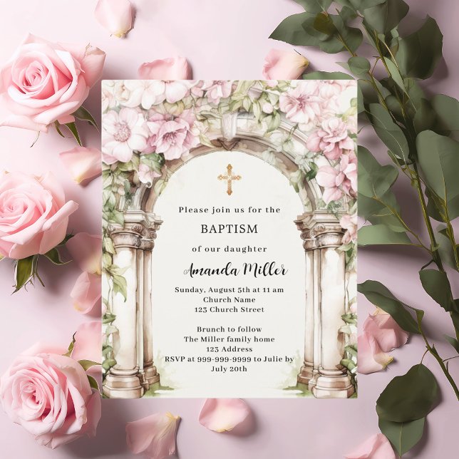 Pink florals arch beige girl Baptism invitation (Creator Uploaded)