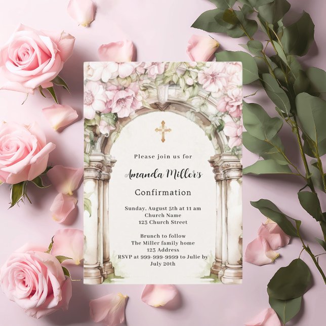 Pink florals arch beige girl Confirmation Invitation (Creator Uploaded)