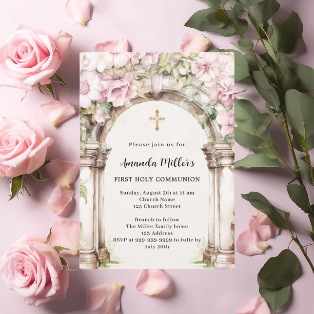 Pink florals arch beige girl First Communion Invitation (Creator Uploaded)