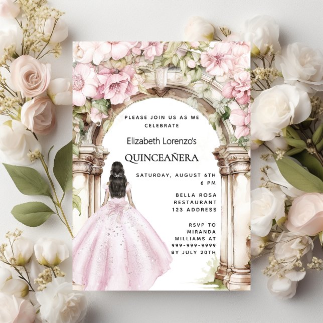 Pink florals arch dress Quinceanera Invitation (Creator Uploaded)