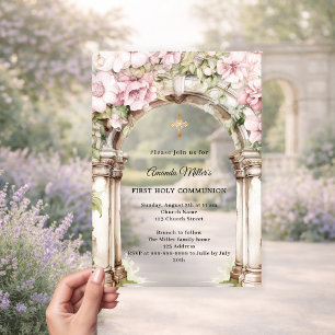 Pink florals arch girl First Communion clear Acrylic Invitations
