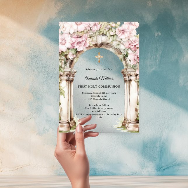 Pink florals arch girl First Communion clear Acrylic Invitations (Creator Uploaded)