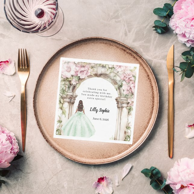 Pink florals arch green dress birthday luncheon napkin (Creator Uploaded)