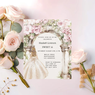 Pink florals arch white dress Sweet 16 invitation