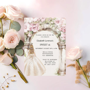 Pink florals arch white dress Sweet 16 Invitation