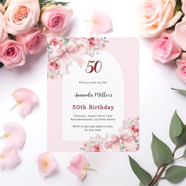 Pink florals bows arch birthday invitation (Creator Uploaded)