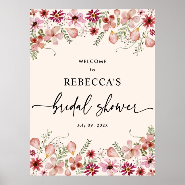 Pink Florals Bridal Shower Welcome Sign Poster (Front)