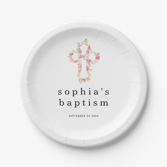 Pink Florals Cross Name Date Girl Baptism Paper Pl Paper Plate (Front)