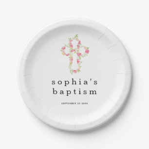 Pink Florals Cross Name Date Girl Baptism Paper Pl Plate