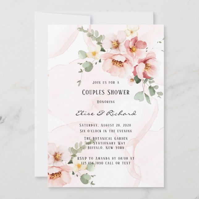 Pink Florals Elegant Eucalyptus Couples Shower Invitation (Front)