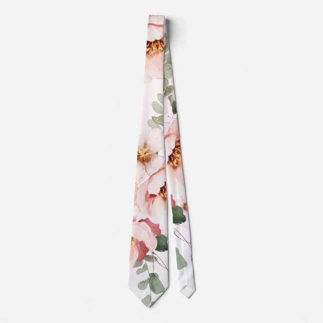Pink Florals Elegant Eucalyptus Wedding Groom Tie (Front)