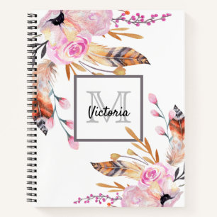 Pink florals feather boho monogram notebook