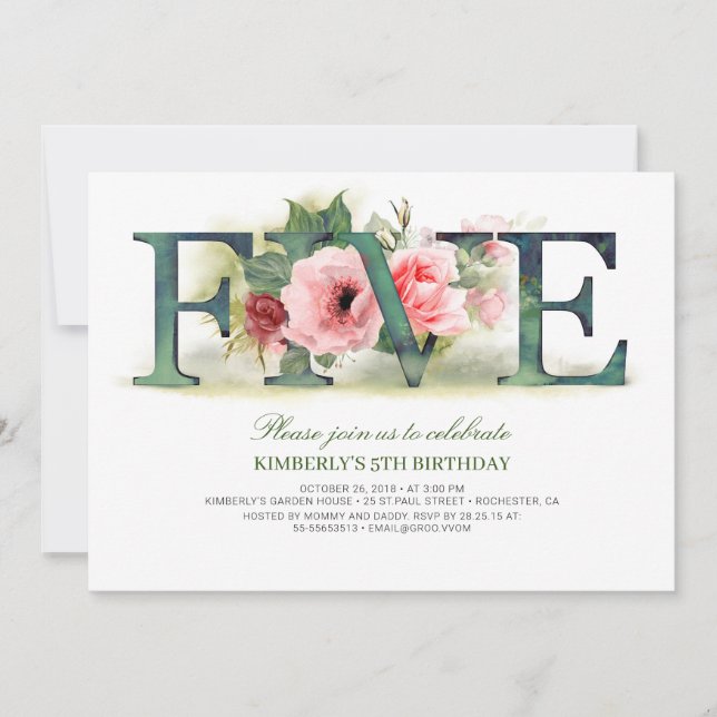 Pink Florals FIVE | 5th Birthday Party Invitation (Front)