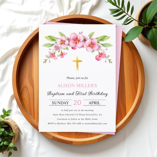 Pink florals gold cross baptism and First Birthday Invitation (Creator Uploaded)