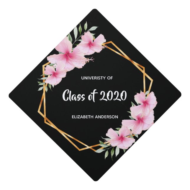 Pink florals gold geometric black graduation graduation cap topper (Front)