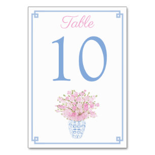 Pink Florals In Blue & White Ginger Jar Wedding Table Number