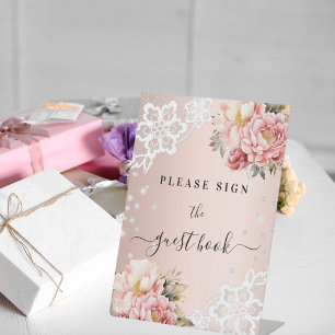 Pink florals lace guest book sign