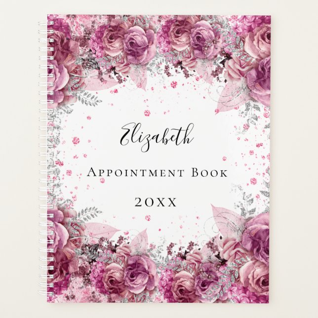 Pink florals name white elegant planner (Front)