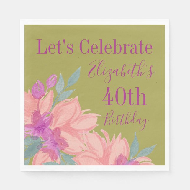 Pink Florals Personalized 40th Birthday Napkins (Front)