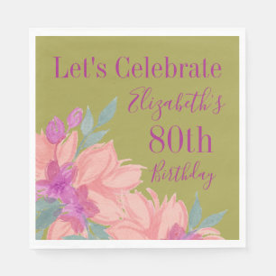 Pink Florals Personalized 80th Birthday Napkins