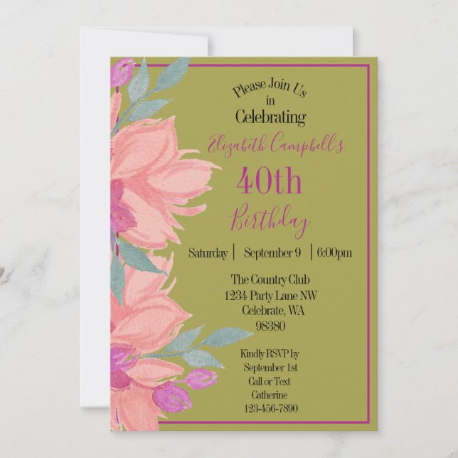 Pink Florals Personalized Birthday Invitation (Front)