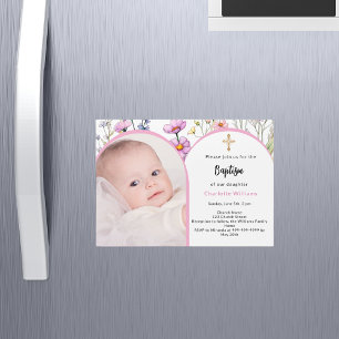 Pink florals photo arch girl cross Baptism Magnetic Invitation