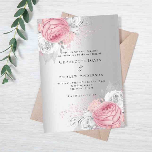 Pink florals silver elegant wedding invitation (Creator Uploaded)