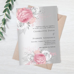 Pink florals silver elegant wedding invitation