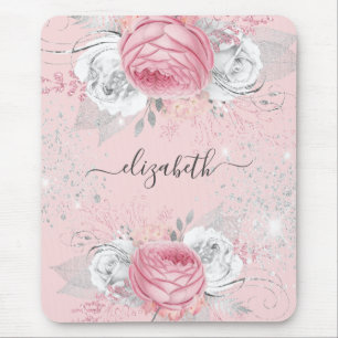 Pink florals silver monogram script mouse pad