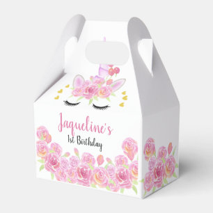Pink Florals Unicorn Gold Hearts Birthday Favor Box