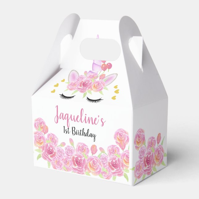 Pink Florals Unicorn Gold Hearts Birthday Favor Box (Front Side)