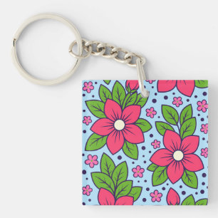 Pink Florals with Bold Petals and Green Leaves Keychain