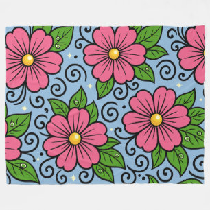 Pink Florals with Green Leaves and Curved Details Fleece Blanket