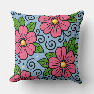 Pink Florals with Green Leaves and Curved Details Throw Pillow