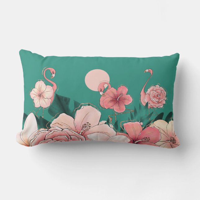 Pink Florida Flamingos Tropical Flowers on Teal Lumbar Pillow (Front)