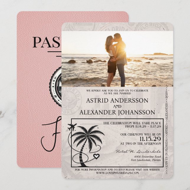 Pink Florida Passport Wedding Invitation (Front/Back)