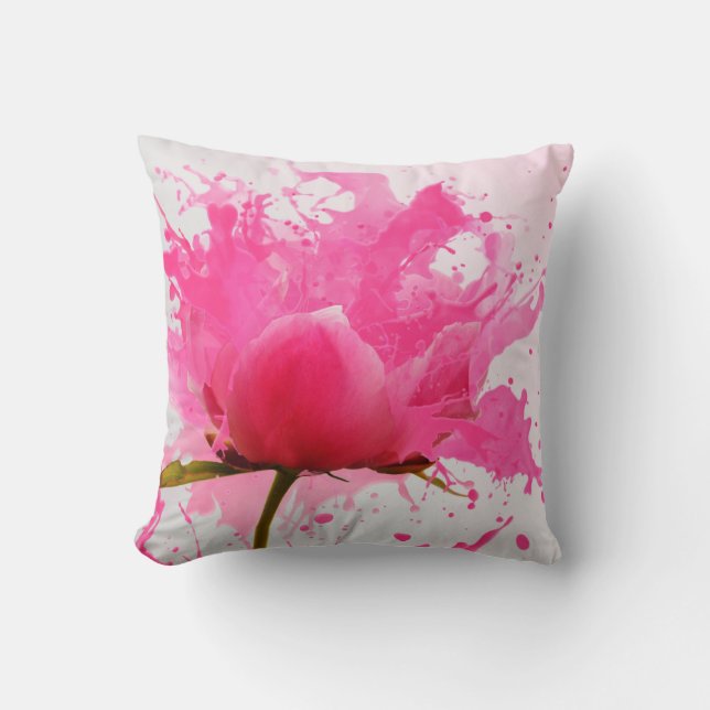 Pink Flower Abstract Paint Splatter Throw Pillow (Front)