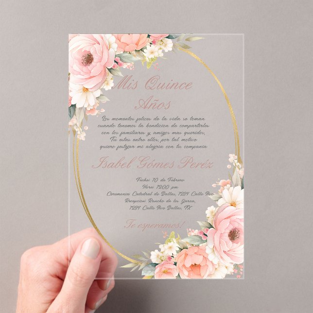 Pink flower acrylic Quinceanera invitation  (Insitu (Handheld))