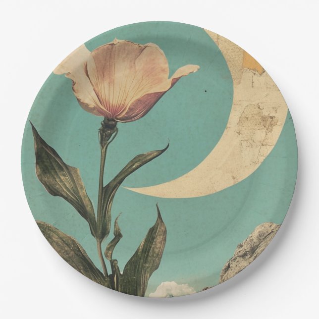 Pink Flower and Crescent Moon Paper Plate (Front)