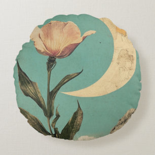 Pink Flower and Crescent Moon Round Pillow