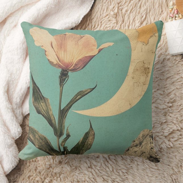 Pink Flower and Crescent Moon Throw Pillow (Blanket)