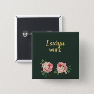 Pink flower and leaves on dark green 2 inch square button