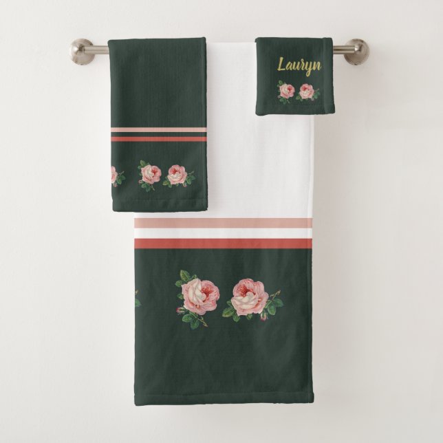 Pink flower and leaves on dark green bath towel set (Insitu)