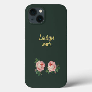 Pink flower and leaves on dark green iPhone 13 case