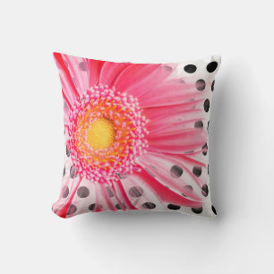 Pink Flower and Polka Dot Throw Pillow
