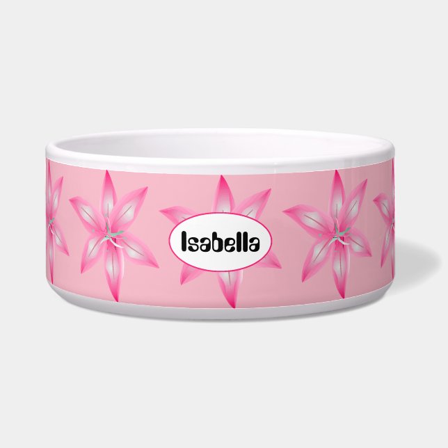 Pink Flower Any Name Dog Bowl (Front)
